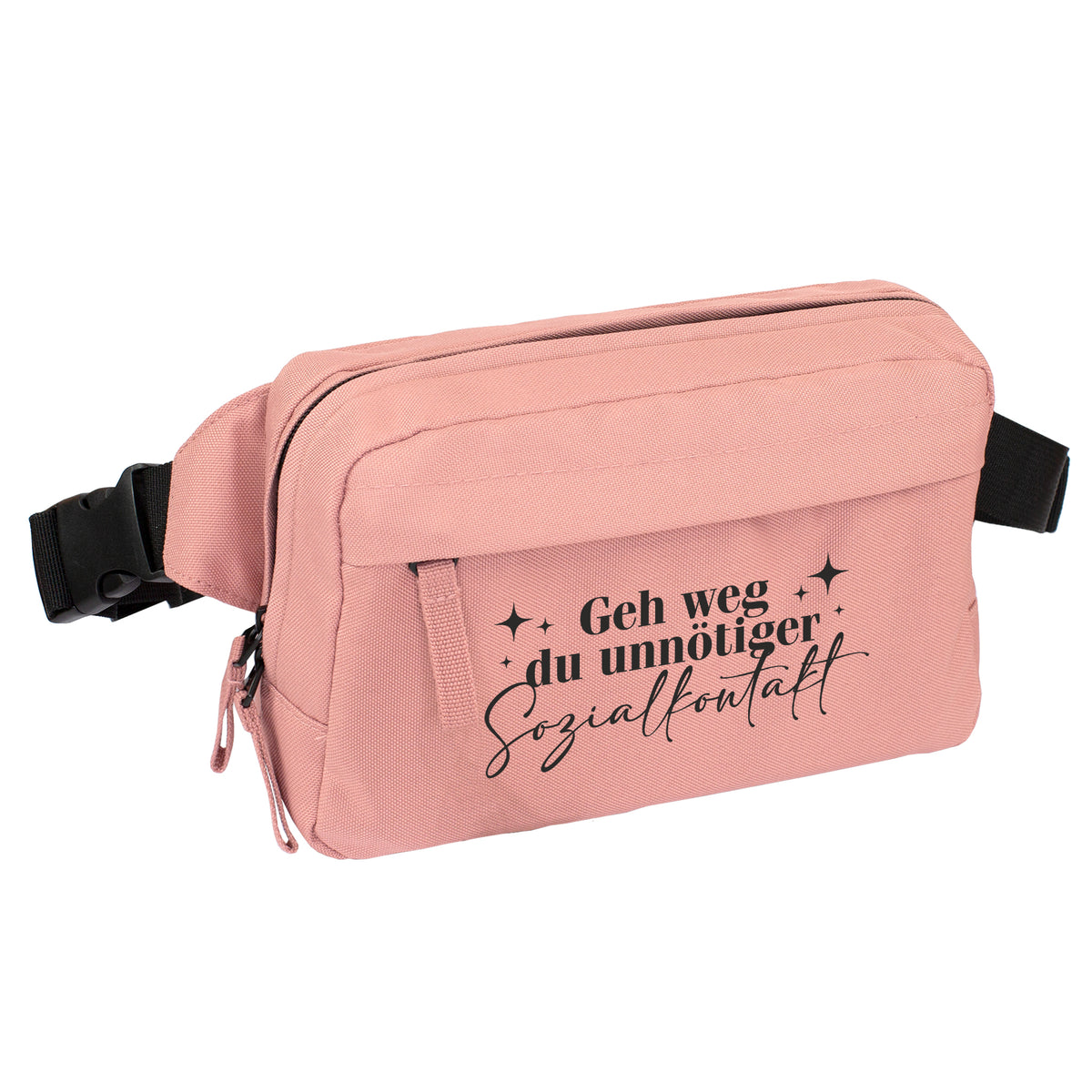 Rosa Bauchtasche mit schwarzem Spruch Geh weg du unnötiger Sozialkontakt freigestellt auf weißem Hintergrund
