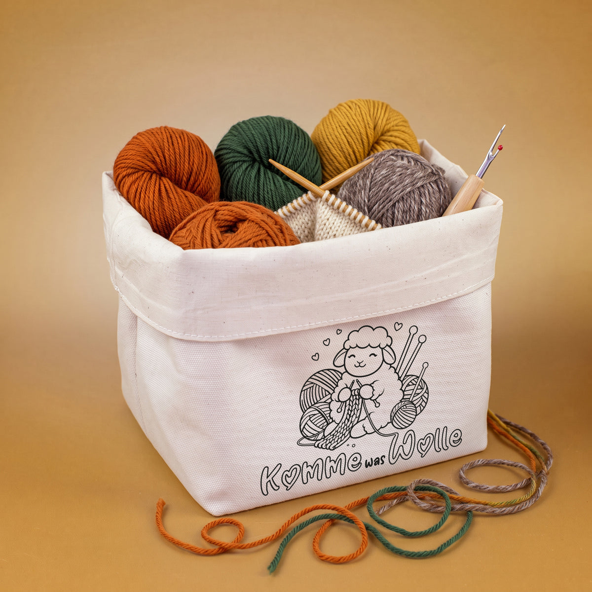 Stoffkorb für Handarbeit mit umgeschlagenem Rand und Schaf-Motiv