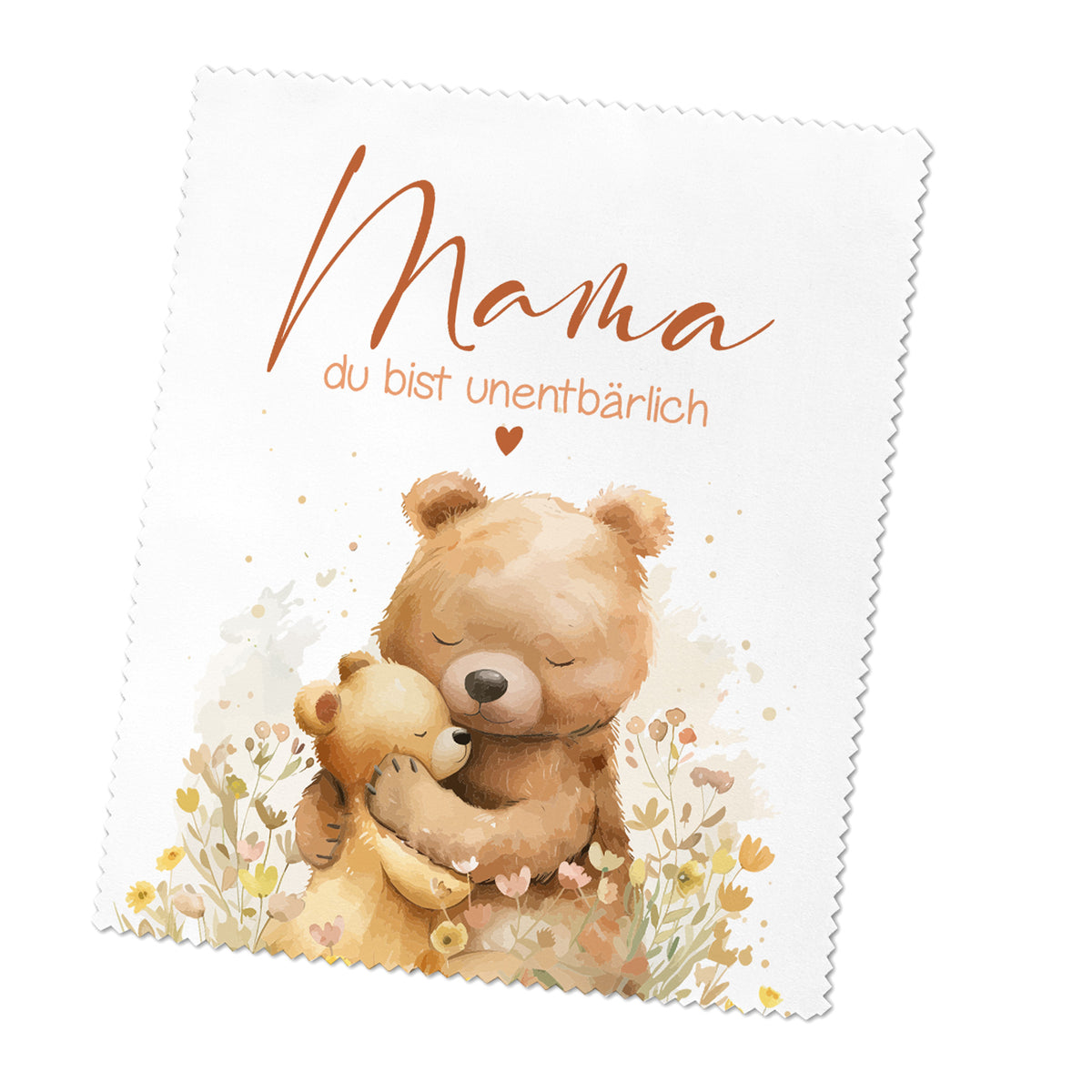 Brillenputztuch mit Mama Bärenmotiv freigestellt auf weißem Hintergrund