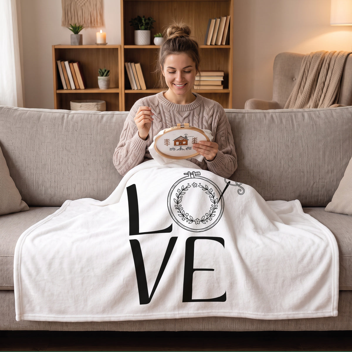 Kuscheldecke 'LOVE' mit Stickrahmen Motiv | Kleine Decke als Geschenk für Frauen & Stickfans