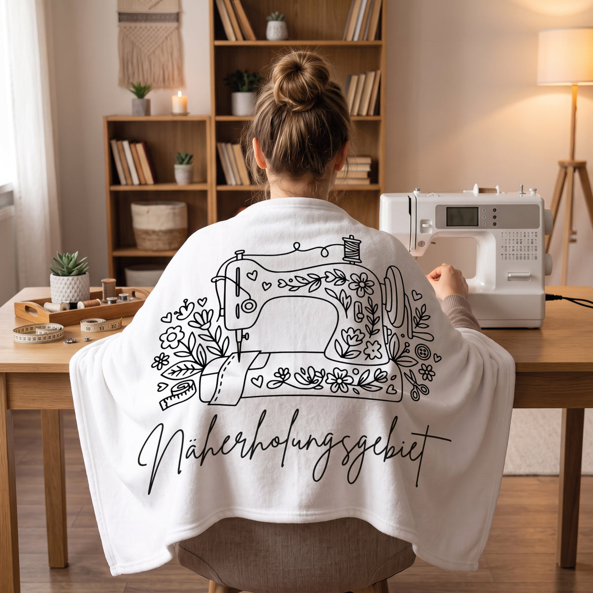 Weiße Kuscheldecke mit Nähmaschine und Schriftzug Näherholungsgebiet beim Nähen