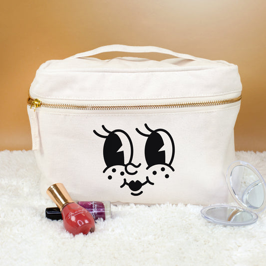 Kosmetiktasche mit großen Augen, Wimpern, Sommersprossen und Mund als Aufdruck