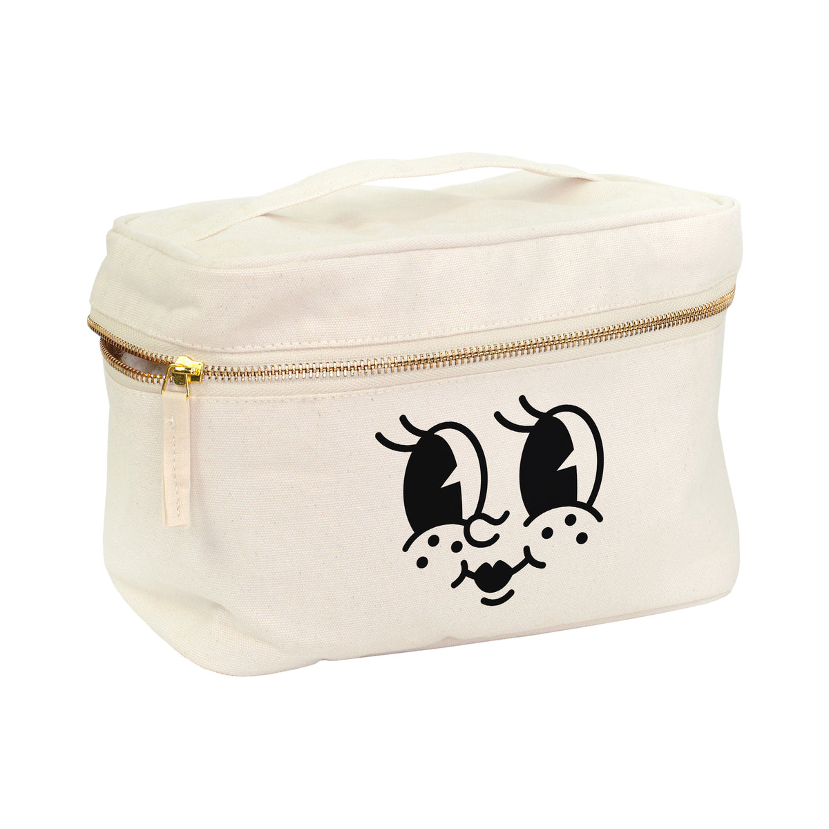 Freigestellte Kosmetiktasche aus Baumwolle mit schwarzem Augen- und Mundmotiv
