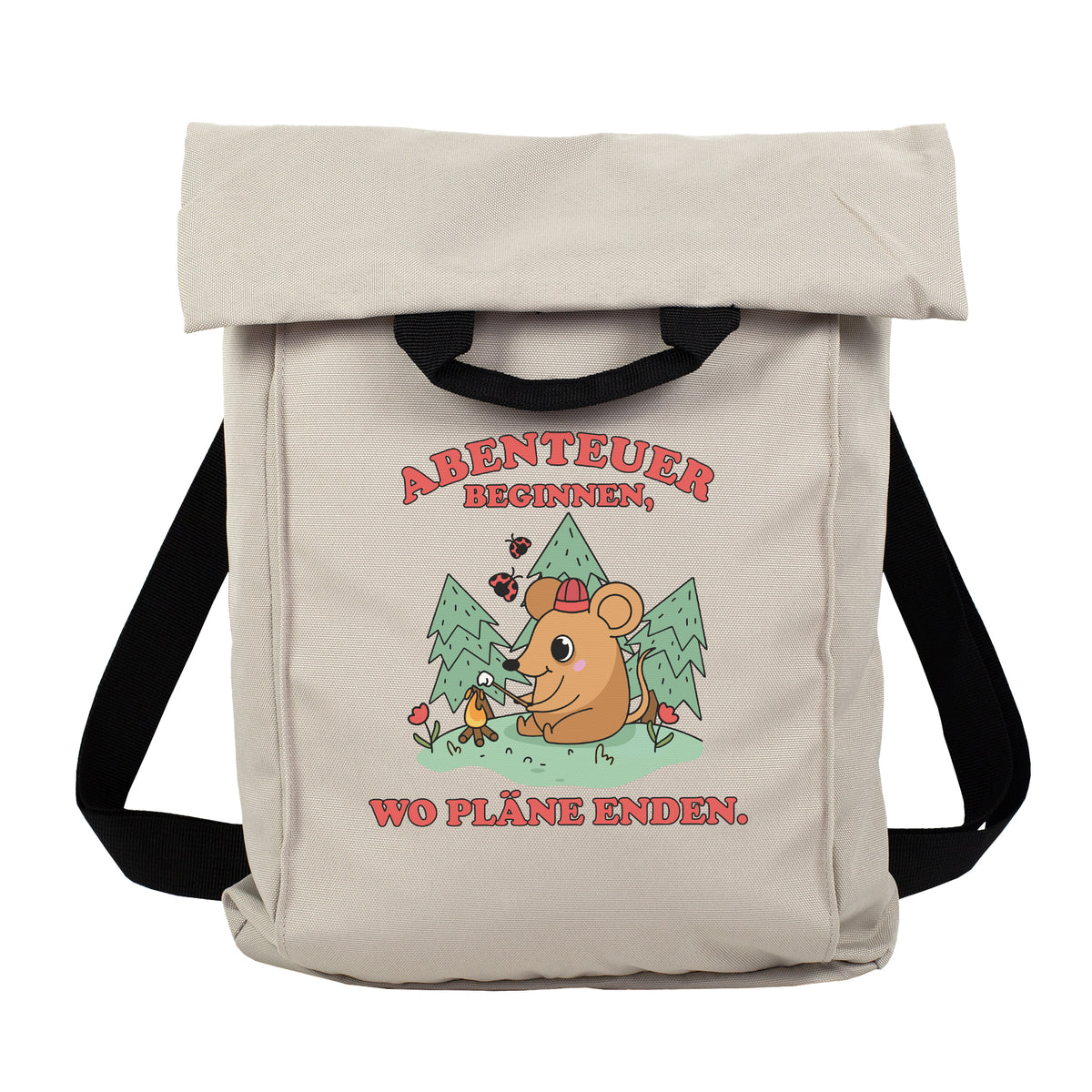 Jadegrüner Rucksack mit Abenteuer-Maus Motiv auf weißem Hintergrund als Produktansicht