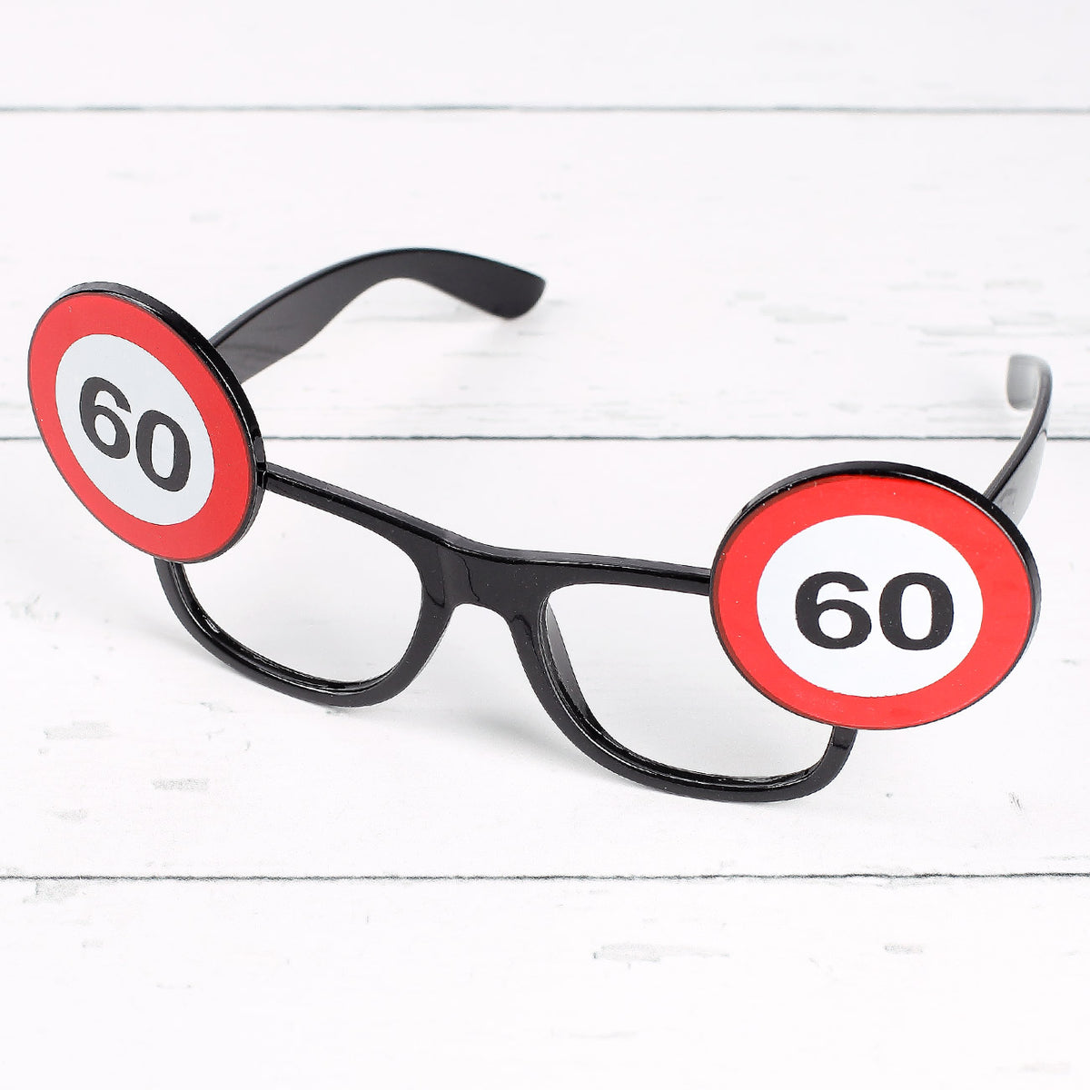 Schwarze Partybrille zum 40. Geburtstag im Verkehrszeichen-Design mit Zahl 60