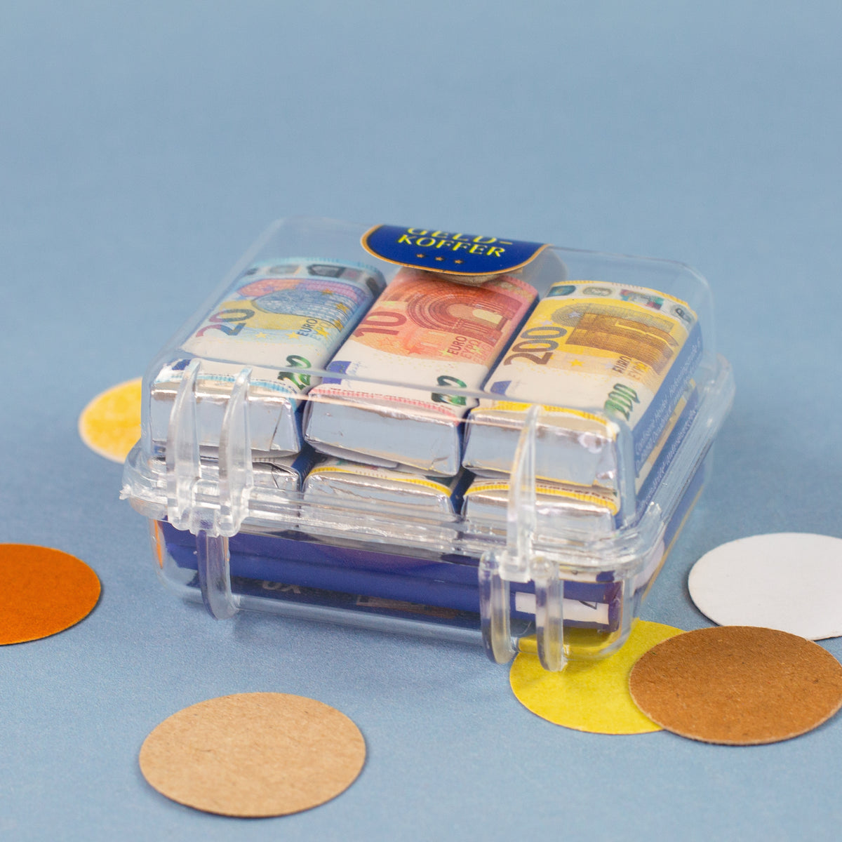Gefüllter transparenter Geldkoffer mit Euro Schokolade von Heidel