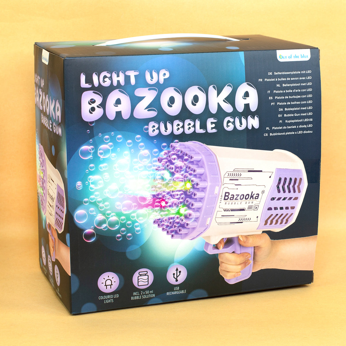 Verpackung der Light Up Bazooka Bubble Gun mit LED und Seifenblasen-Motiv