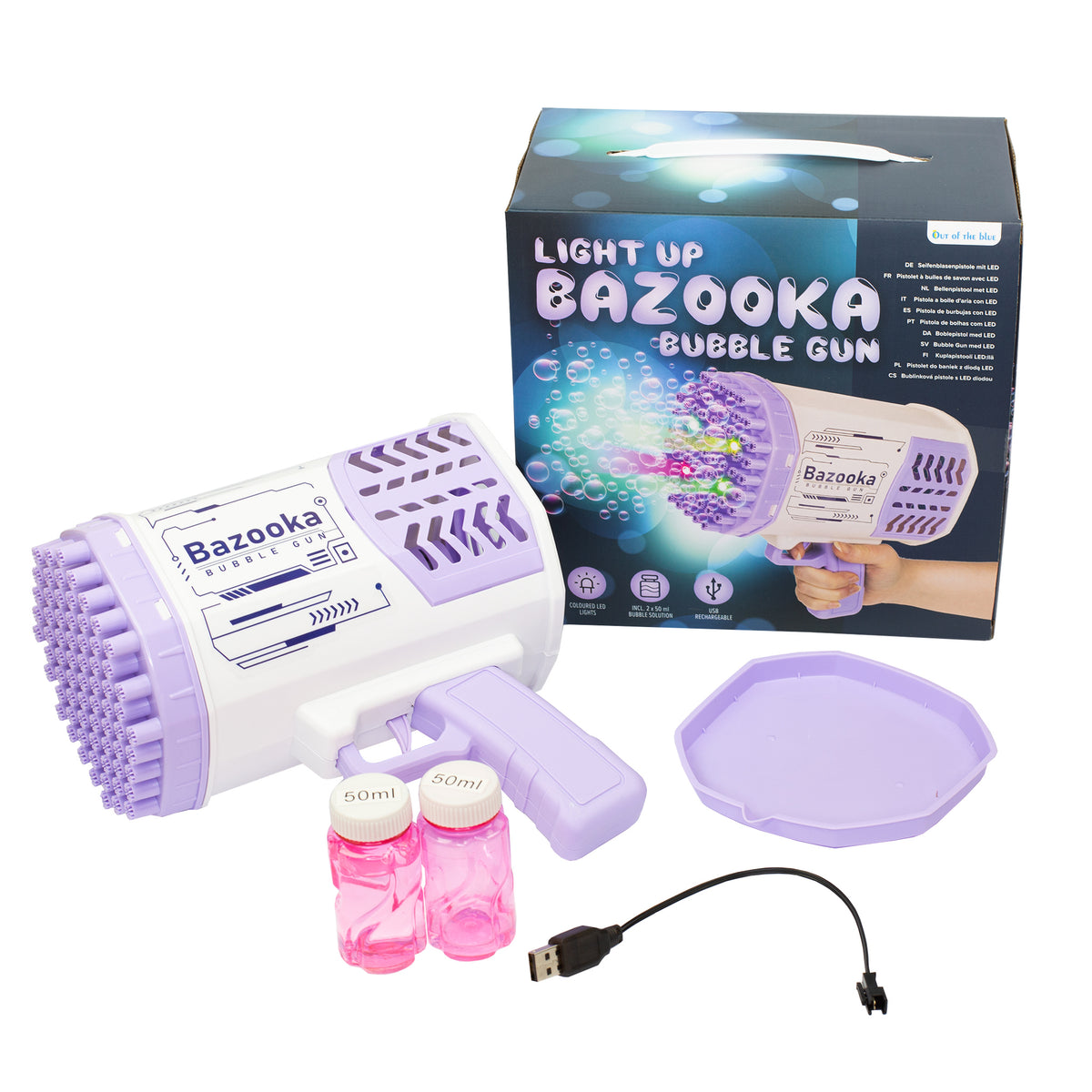 Seifenblasen Bazooka Set mit Verpackung, Bubble Gun, Flüssigkeit, Schale und USB-Kabel