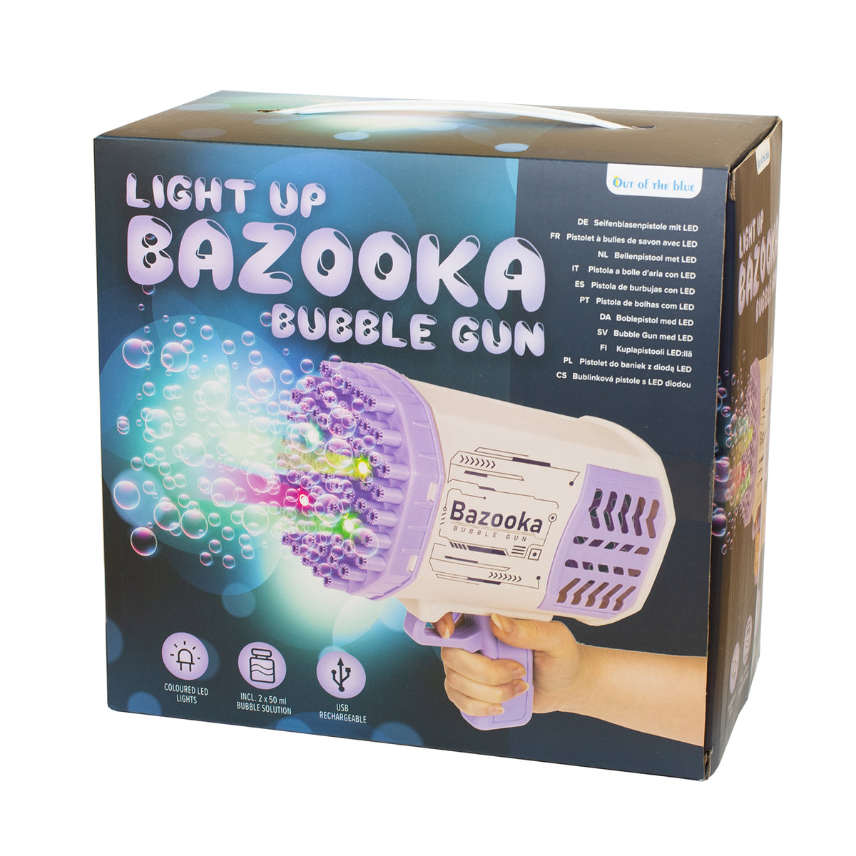Verpackung der Seifenblasenpistole Light Up Bazooka Bubble Gun auf weißem Hintergrund