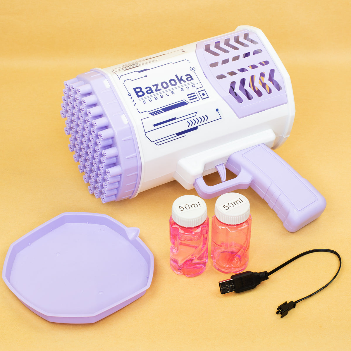 Lieferumfang der Seifenblasen Bazooka mit Bubble Gun, 2 x 50 ml Flüssigkeit, Schale und USB-Ladekabel
