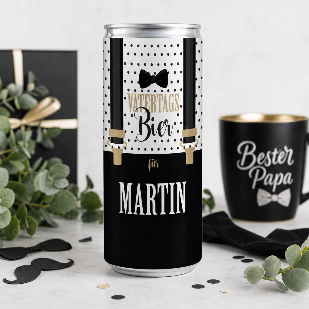 Bierdose zum Vatertag mit Hosenträgermotiv und Name umgeben von Papa Utensilien
