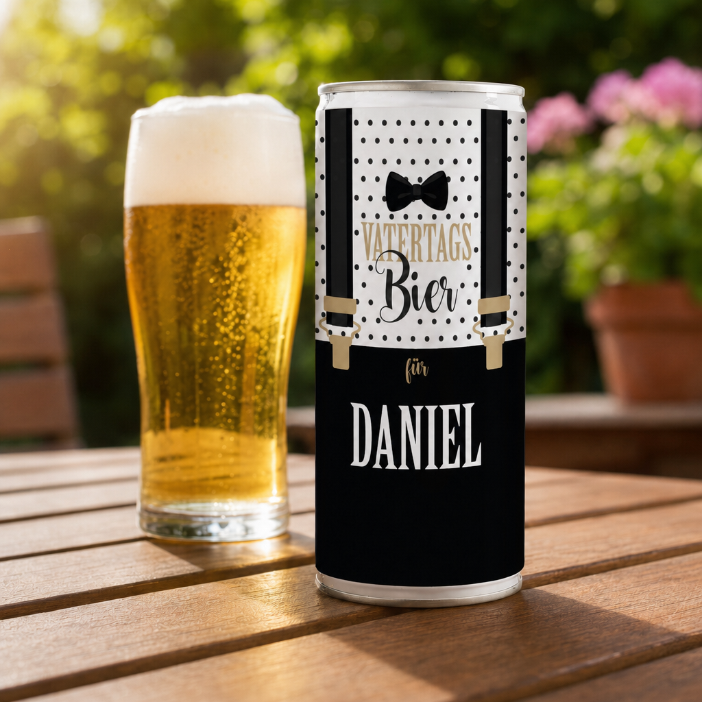 Bierdose zum Vatertag mit Hosenträgermotiv und Name auf Tisch neben Bierglas