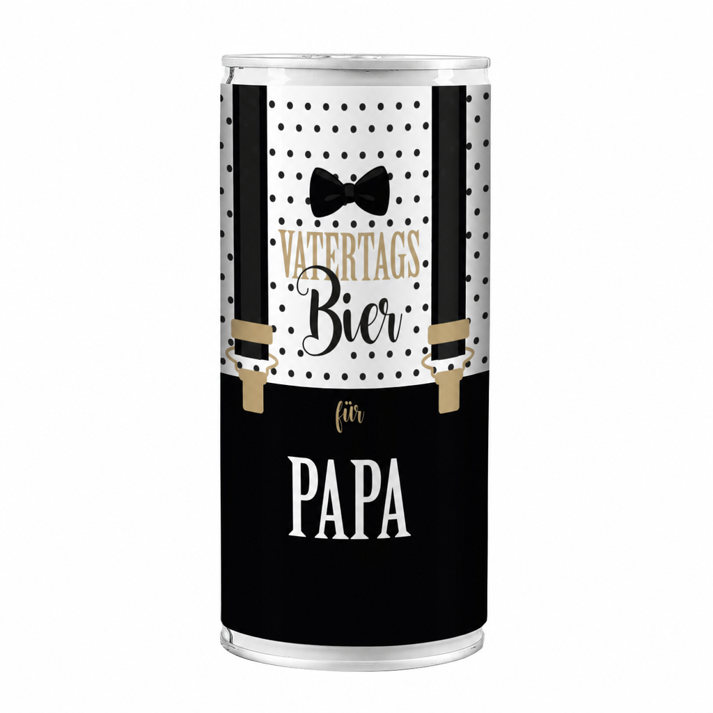 Bierdose zum Vatertag mit Hosenträgermotiv und Papa Aufdruck freigestellt auf weißem Hintergrund