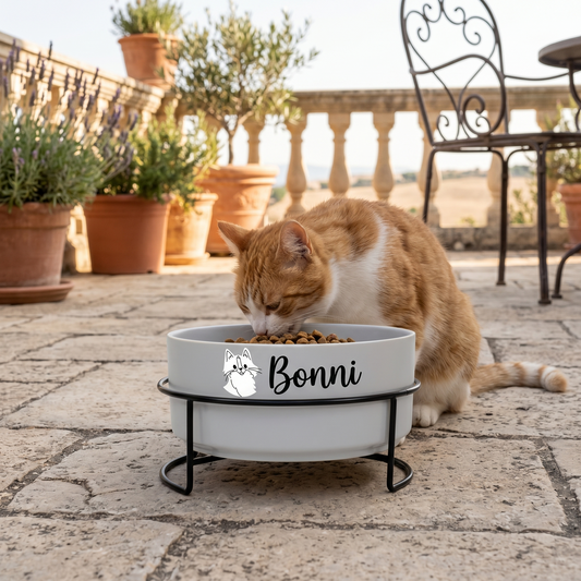 Katze frisst aus personalisiertem Katzennapf mit Name Bonni