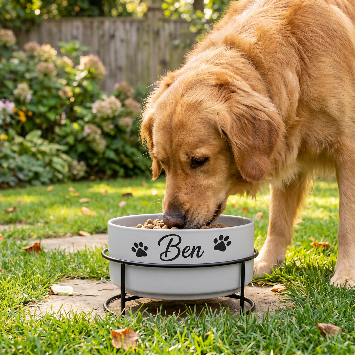 Hund frisst aus personalisiertem Hundenapf mit Name Ben