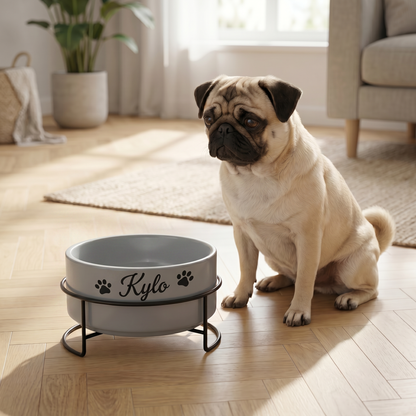 Mops sitzt neben personalisiertem Hundenapf mit Name Kylo