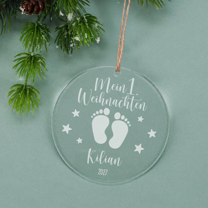 Acryl Weihnachtsbaumanhänger für das erste Weihnachten eines Babys mit Name und Sterne Motiv
