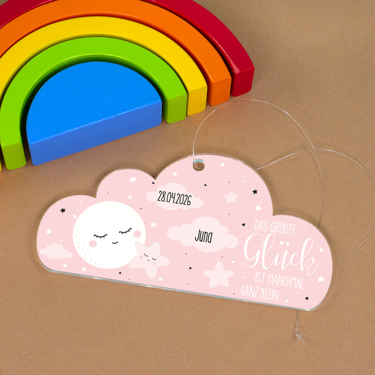 Acryl Anhänger rosa Wolke zur Geburt personalisiert mit Name & Geburtsdatum | Deko für Mädchen
