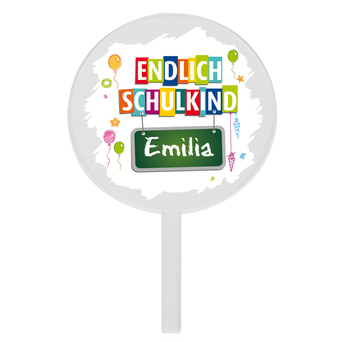 Personalisierter Tortentopper Endlich Schulkind aus Acryl mit Name Emilia