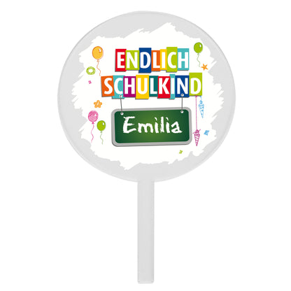 Personalisierter Tortentopper Endlich Schulkind aus Acryl mit Name Emilia