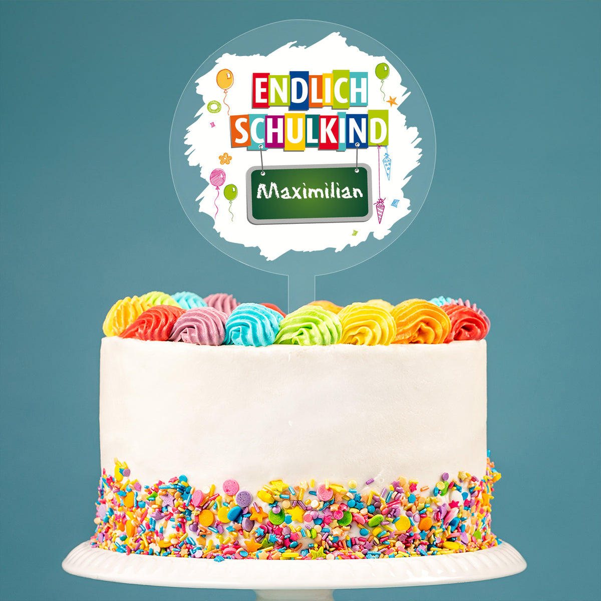 Acryl Tortentopper Endlich Schulkind mit Name Maximilian auf bunter Torte