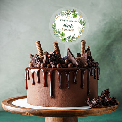 Personalisierter Tortentopper Konfirmation mit Blätterkranz und Name Merle auf Schokotorte