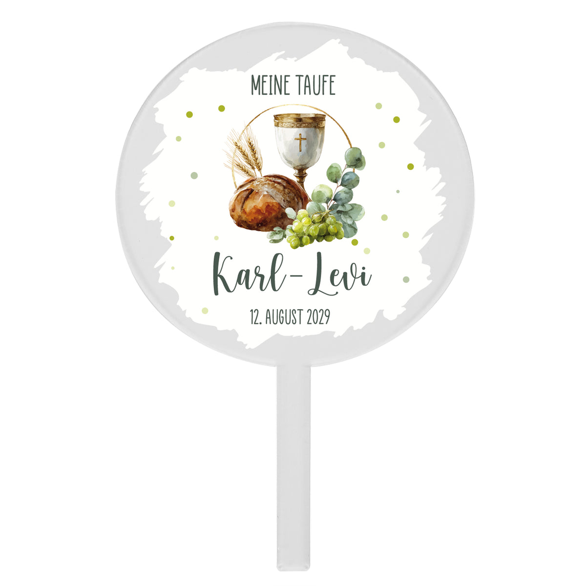 Personalisierter Acryl Tortentopper Taufe mit Kelch Brot Trauben Motiv und individuellem Namen