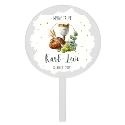 Personalisierter Acryl Tortentopper Taufe mit Kelch Brot Trauben Motiv und individuellem Namen