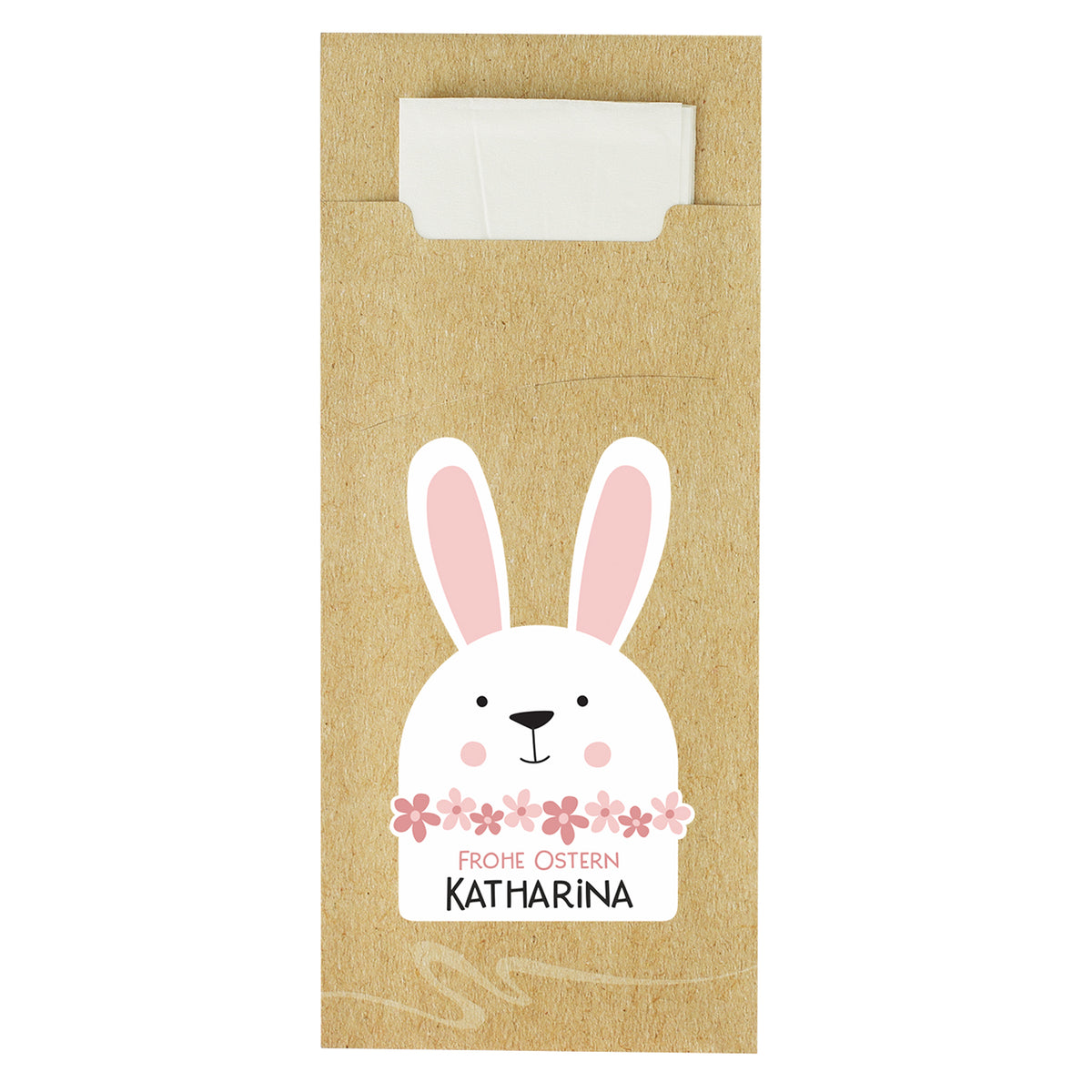 Bestecktasche zu Ostern mit Hasen Motiv und Name Katharina, Produktansicht freigestellt