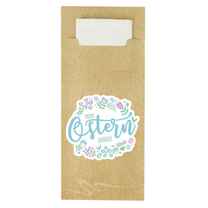 Bestecktasche zu Ostern aus naturbraunem Papier mit Frohe Ostern Motiv und Name Annika