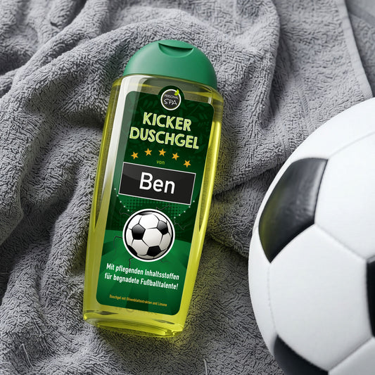 Kicker Duschgel mit Fußball Motiv und Wunschnamen