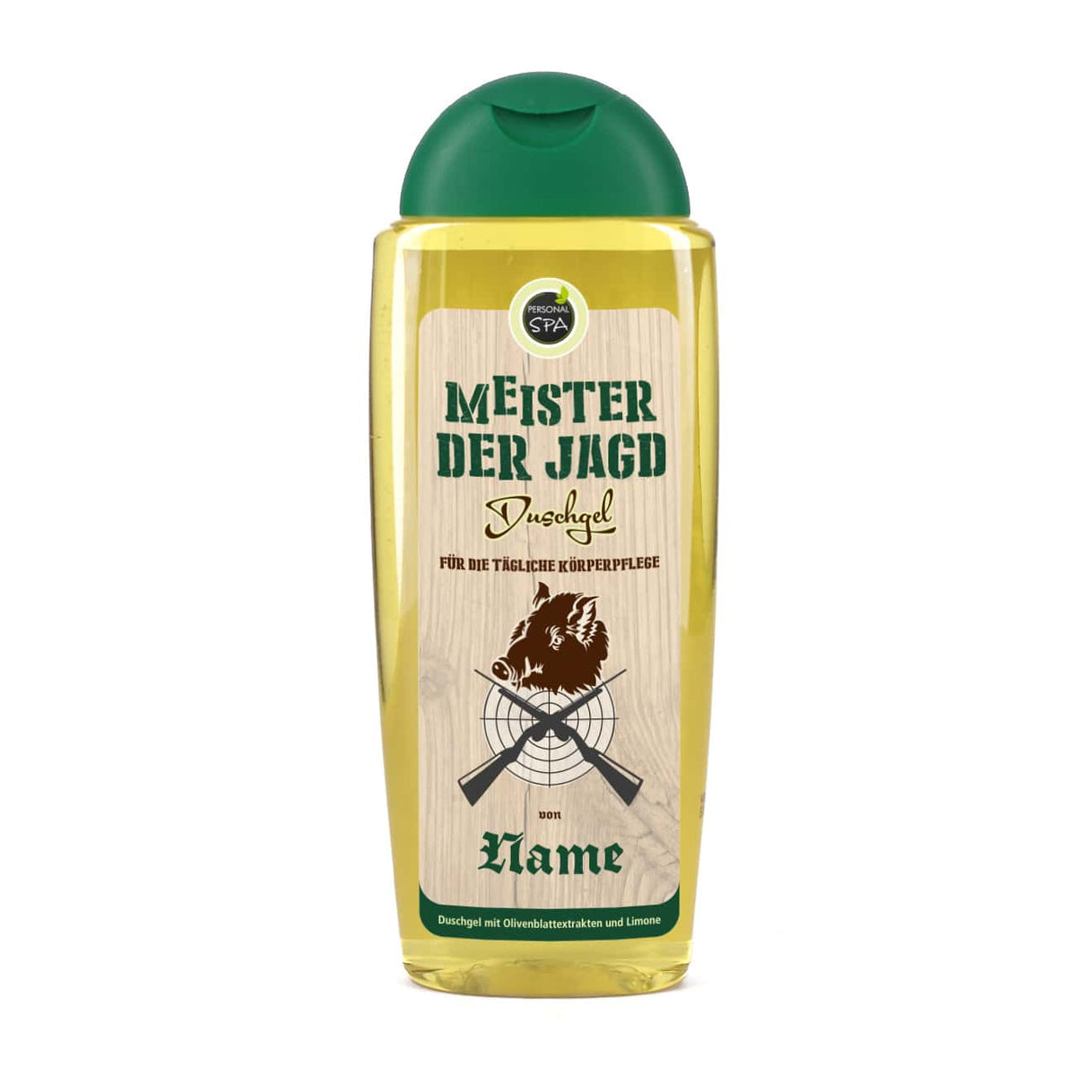 Meister der Jagt Duschgel mit Wildschweinkopf und Name