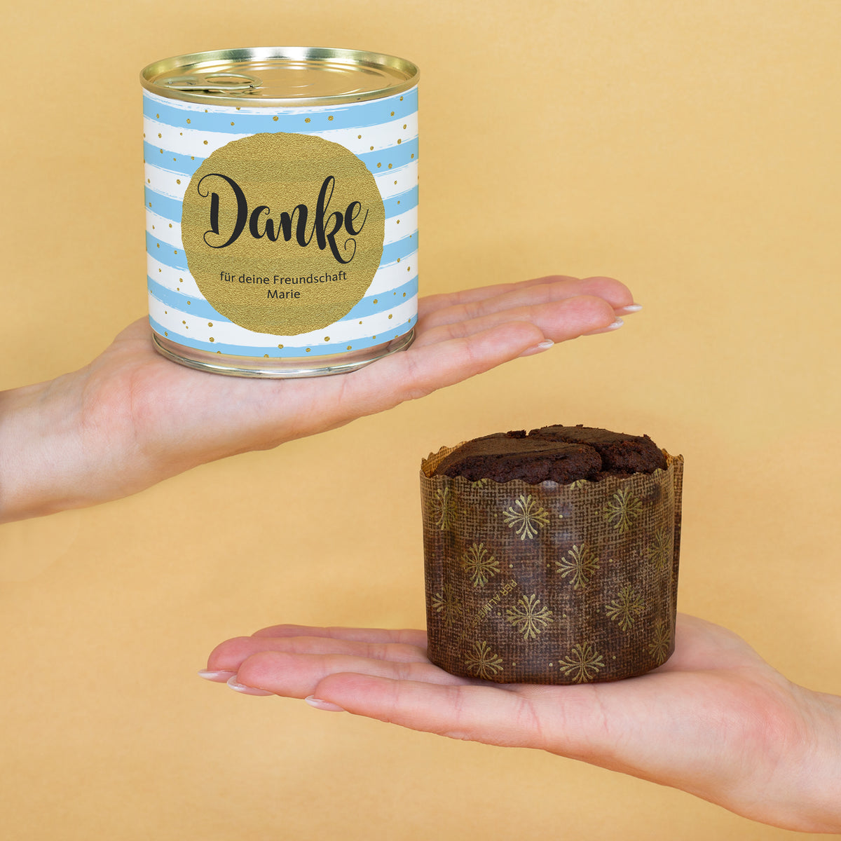 Schoko Brownie in der Dose als Dankeschön Geschenk mit Wunschtext personalisiert in Bäckerqualität