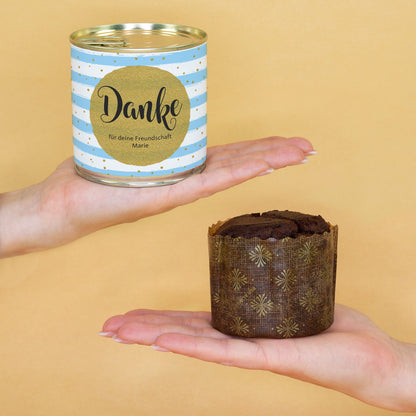 Schoko Brownie in der Dose als Dankeschön Geschenk mit Wunschtext personalisiert in Bäckerqualität
