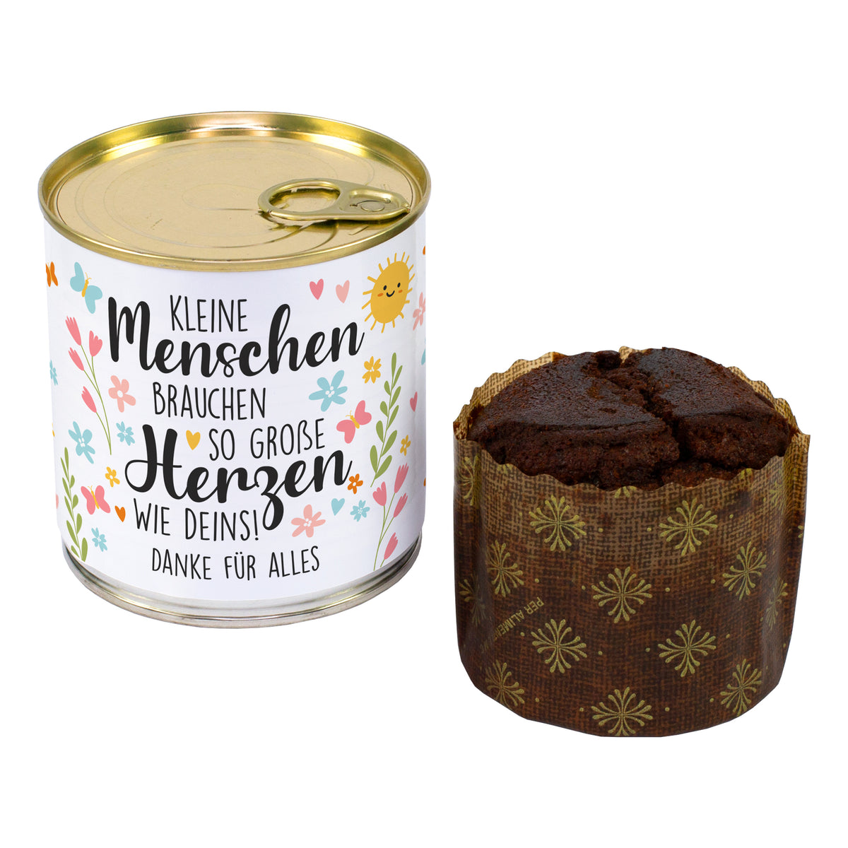 Brownie in der Dose mit Spruch Kleine Menschen brauchen so große Herzen wie Deins neben Kuchen