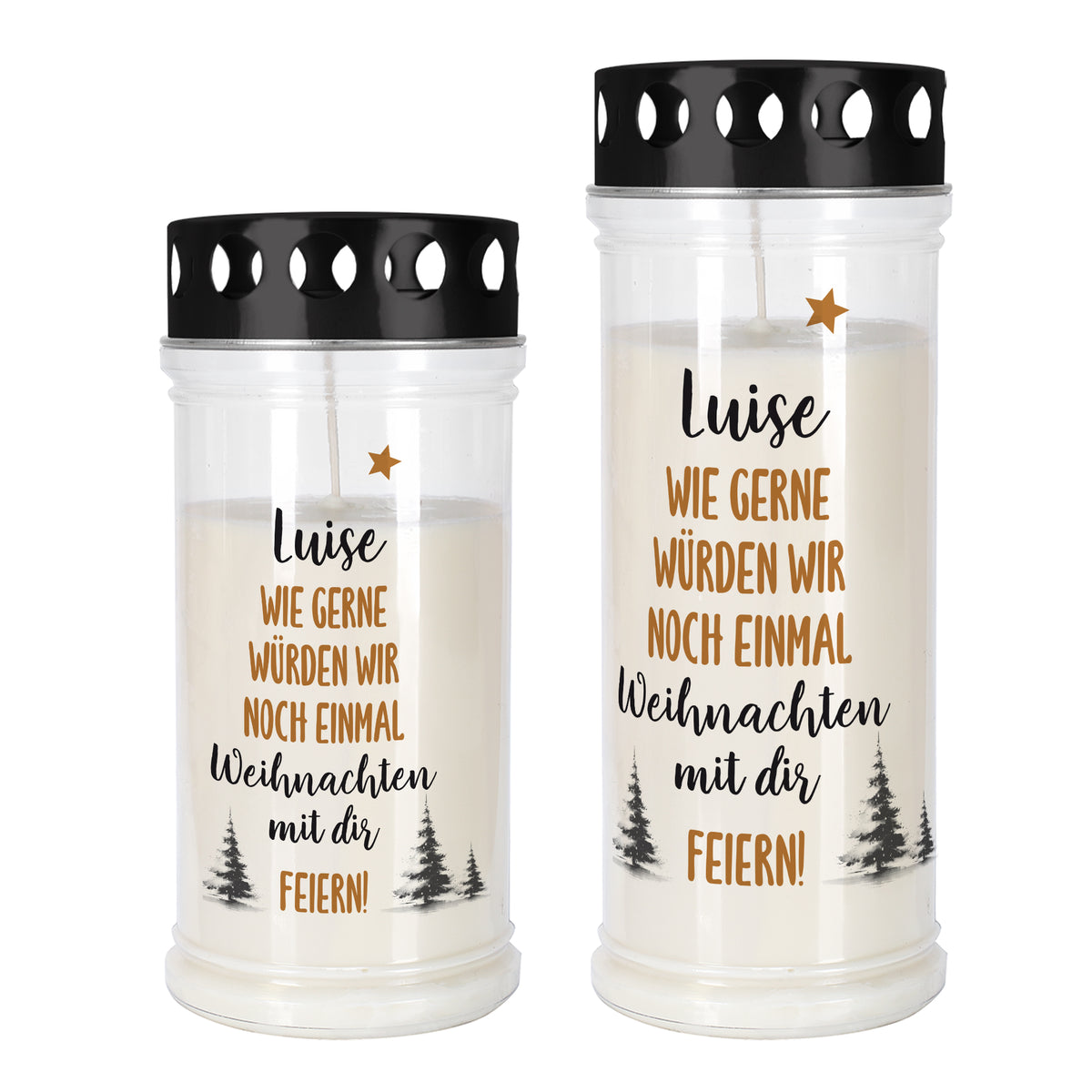 Zwei personalisierte Weihnachts-Grablichter in klein und groß mit dem Namen „Luise“ und emotionalem Weihnachtsspruch