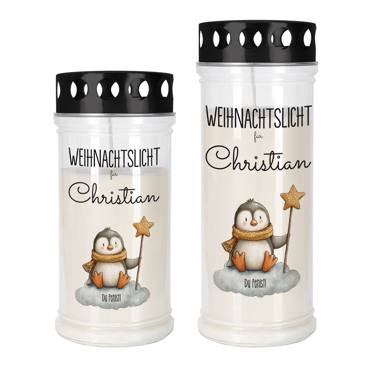 Zwei Weihnachtslichter in klein und groß mit Pinguinmotiv und personalisiertem Namen Christian, freigestellt
