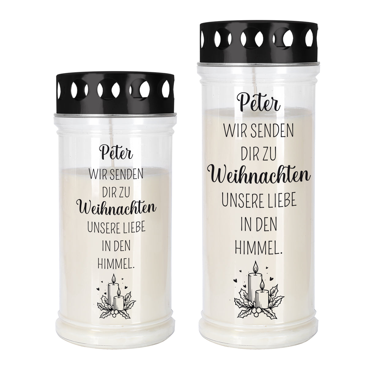Freigestellte Größenübersicht zweier Weihnachts-Grablichter mit Spruch und Name „Peter“, Varianten in klein und groß