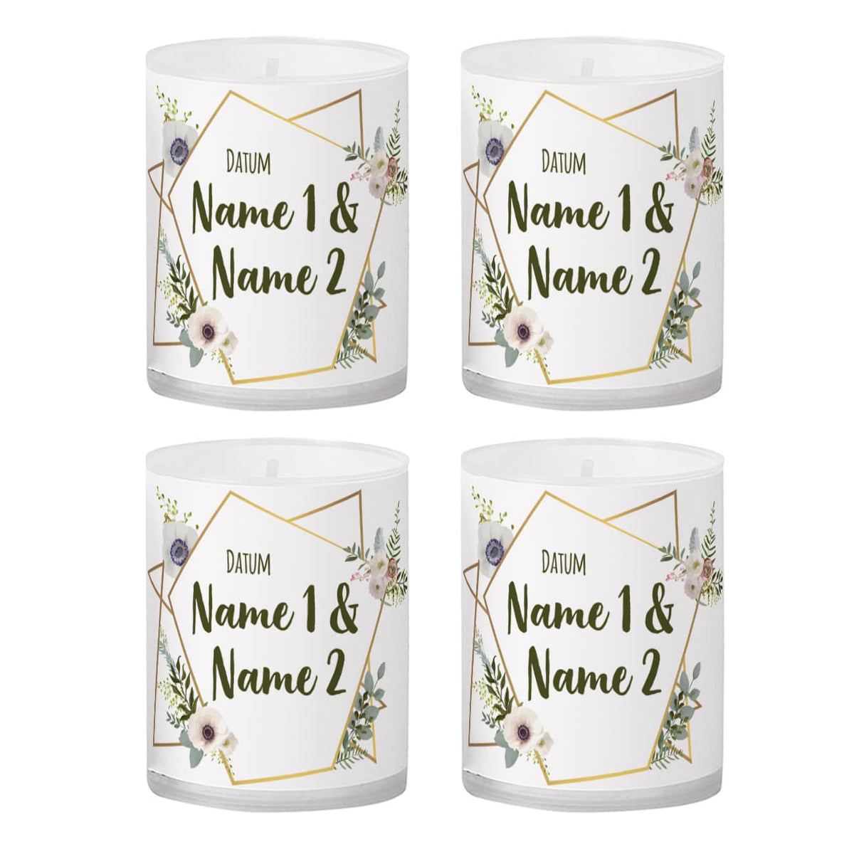 4 kleine Kerzen zur Hochzeit mit Blüten, Namen und Datum