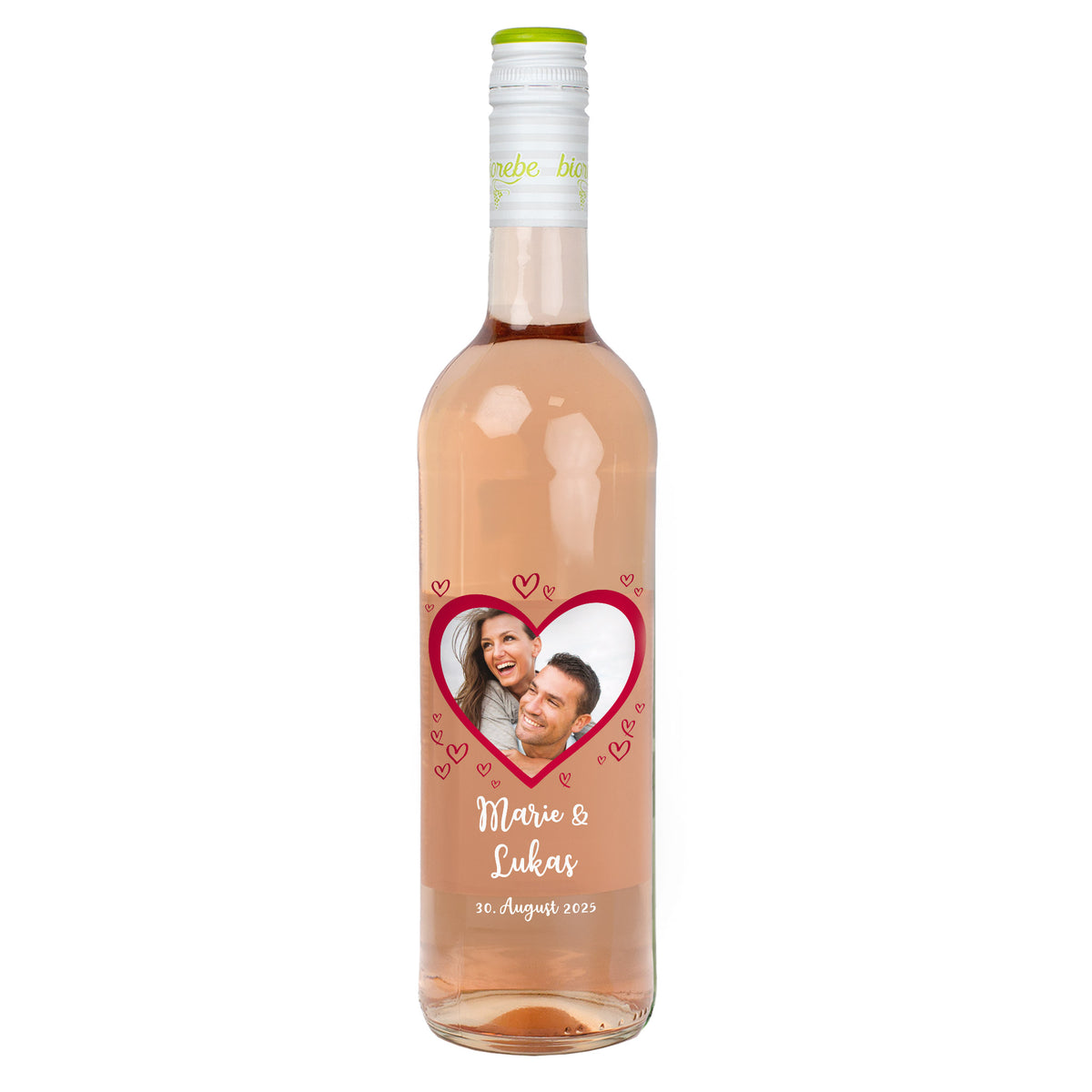 Biorebe Wein zur Hochzeit personalisiert mit Foto, Namen und Datum | Herzmotiv