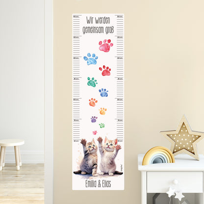 Wandtattoo Messlatte Katzen-Zwillinge mit Namensaufdruck für Geschwister