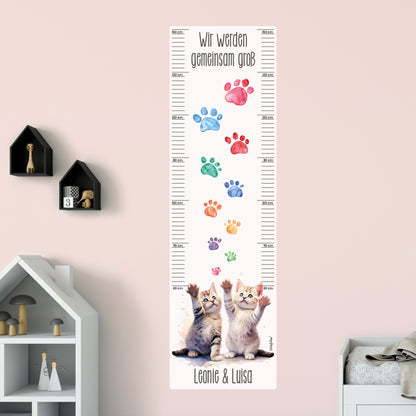 Wandtattoo Messlatte Katzen-Zwillinge mit Namensaufdruck für Geschwister