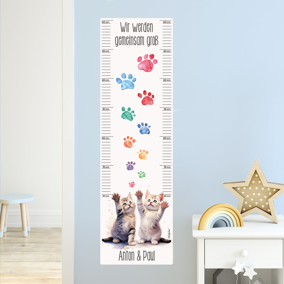 Wandtattoo Messlatte Katzen-Zwillinge mit Namensaufdruck für Geschwister