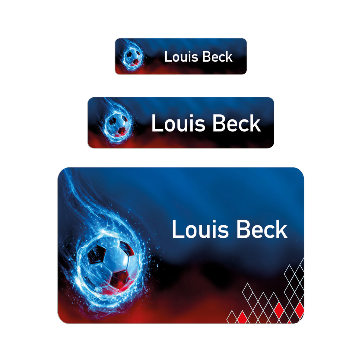Drei personalisierte Namensaufkleber mit Fußball-Motiv und Name Louis Beck in verschiedenen Größen