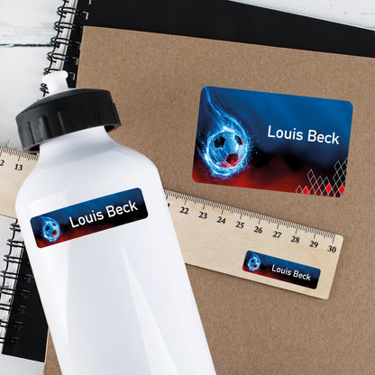 Personalisierte Fußball-Namensaufkleber mit Name Louis Beck auf Trinkflasche, Heft und Lineal