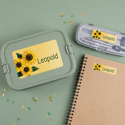 Personalisierte Schulaufkleber mit Name Leopold auf Brotdose, Stiftebox und Notizbuch