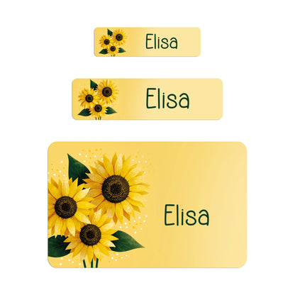 Drei personalisierte Namensaufkleber mit Name Elisa und Sonnenblumen-Motiv in verschiedenen Größen