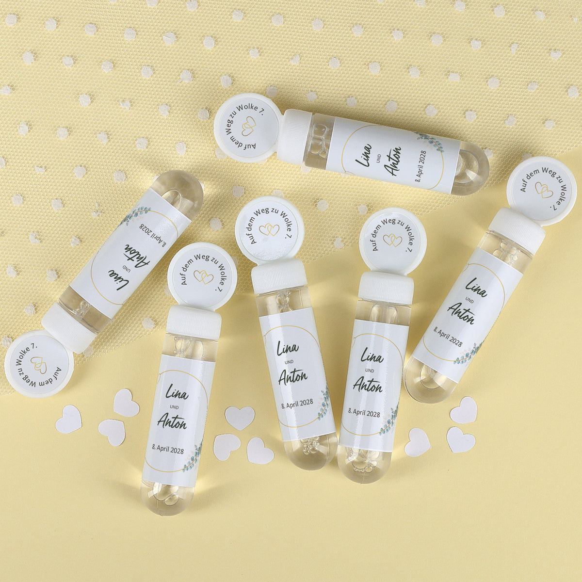 Romantisches 6er Set personalisierter Seifenblasen mit Namen Lina und Anton zur Hochzeit