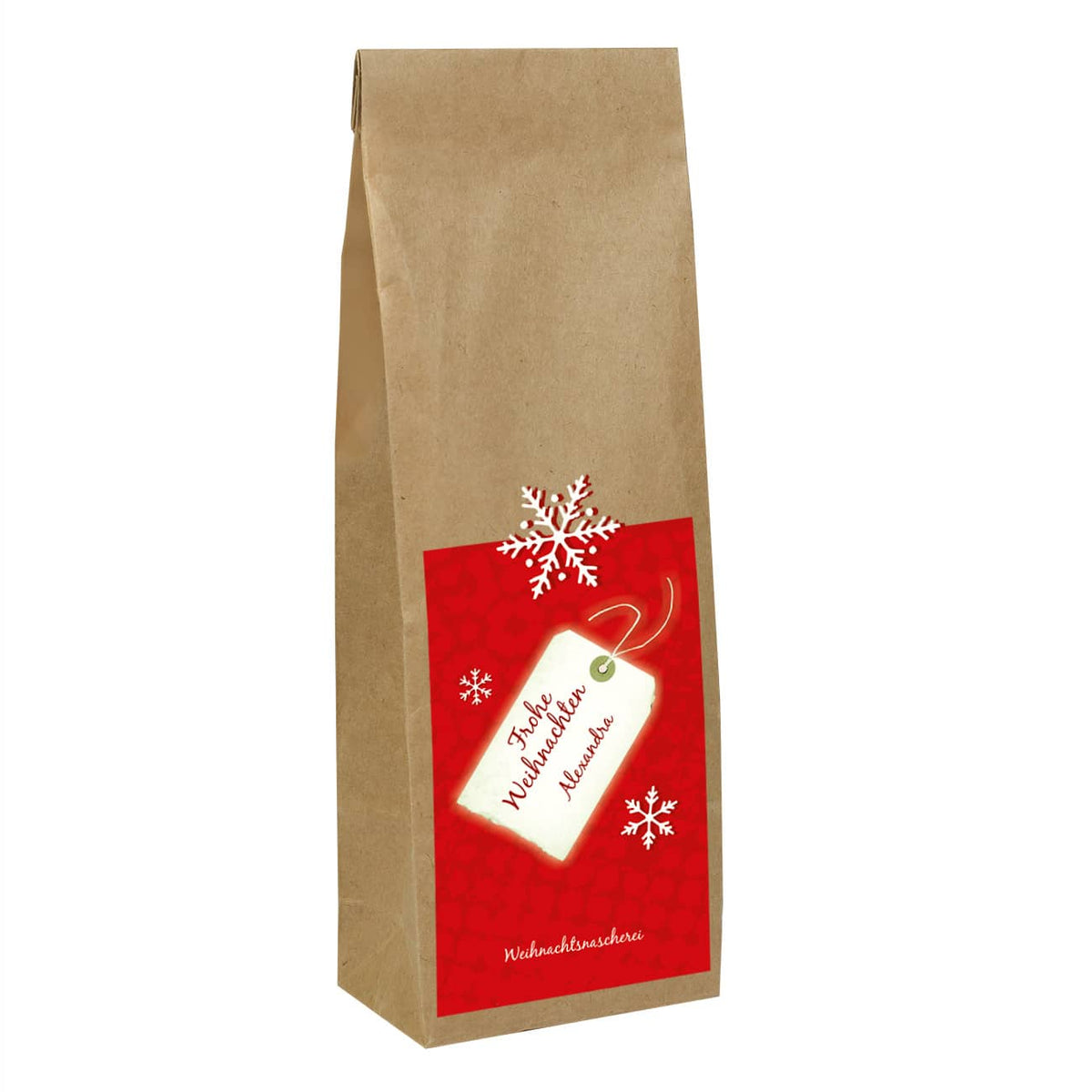 Tee zu Weihnachten mit Schneeflocken Etikett  und Name bedruckt