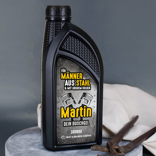 personalisiertes Motoröl-Duschgel für Männer aus Stahl und großem Kolben, 1L Flasche
